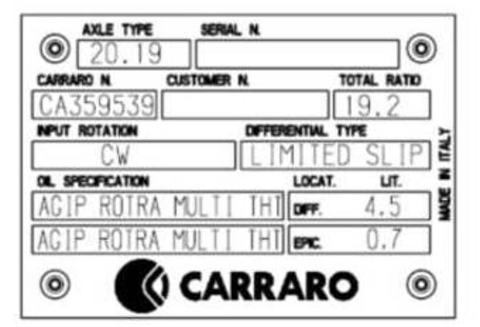 Идентификационна табела на мост Carraro — Axle type, Serial N., Carraro N.